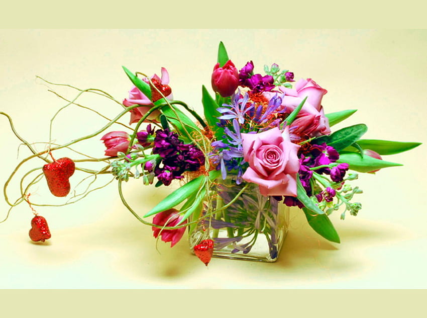 Some blooms for your birtay, purple, pink, roses, green, red, colors, flowers, arrangement HD wallpaper