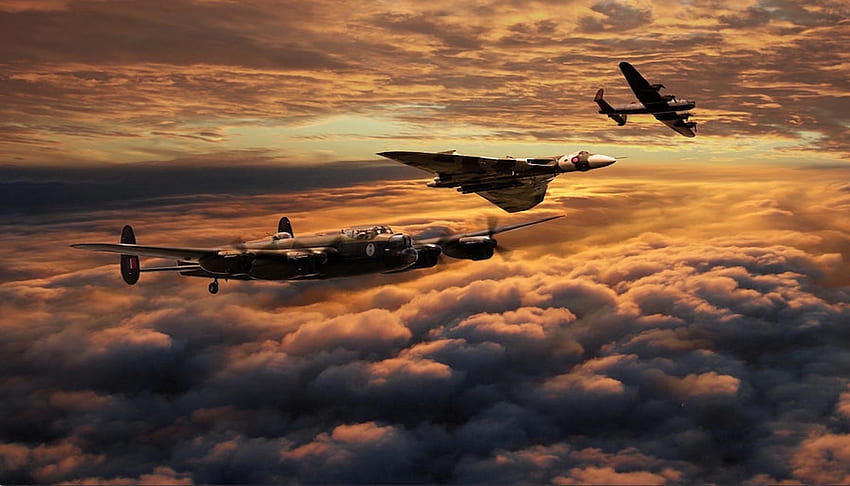 폭격기 시대, 군대, 폭격기, 비행기, 발칸, 디지털, 항공기, 구름, 그래프, Avro, 랭커스터 HD 월페이퍼