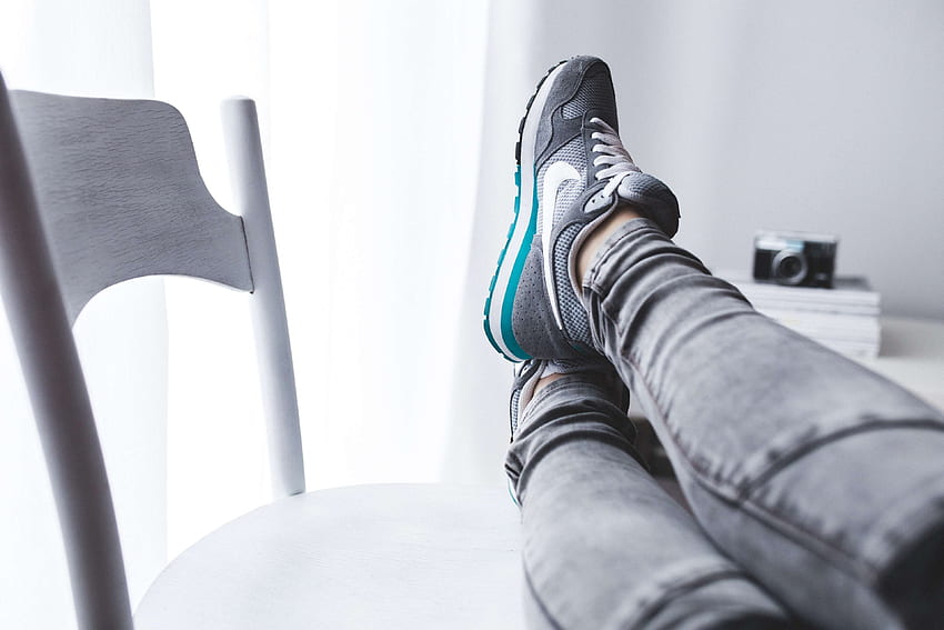 chair, chilling, girl, gray, grey, legs, legs up, nike, relaxation, relaxing, rest, resting, shoes, sneakers, sport, white, woman , Girl Shoes HD wallpaper