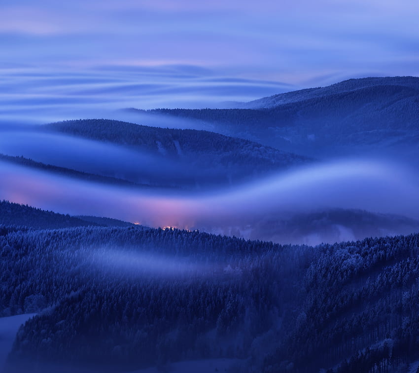 Montañas, mañana de niebla, salida del sol, horizonte, Huawei Mate 10, acción fondo de pantalla
