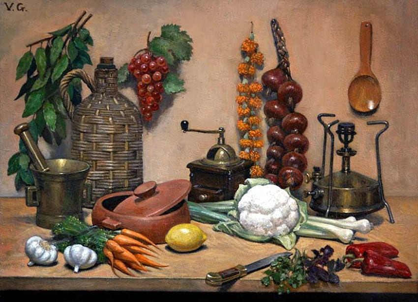 Lukisan, meja, seni, buah, makanan Wallpaper HD