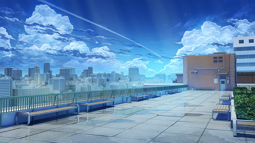 Sceneria anime, budynki, niebo, dach, pejzaż miejski, ＃Datviewtho, grafika, chmury, szkoła — rozdzielczość:, budynek szkoły anime Tapeta HD