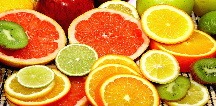 Slices of Citrus Fruits, fatias, branco, kiwi, cacho, frutas, laranja, cítrico, laranjas, resumo, verde, limão, amarelo, maçã, toranja, limão papel de parede HD