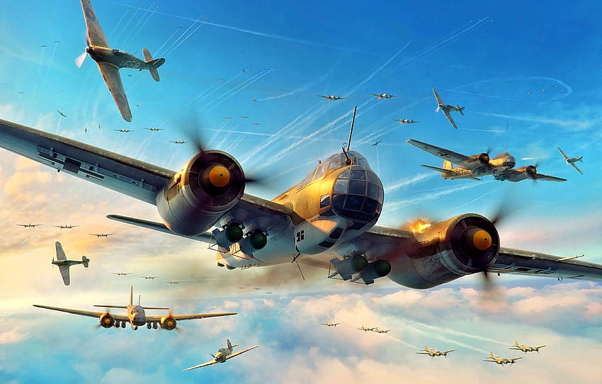 Hurricane, Junkers, Battle of Britain, RAF, Air Force, Artwork, Hawker, Fighter, WWII, Ju 88 For , Раздел авиация HD тапет