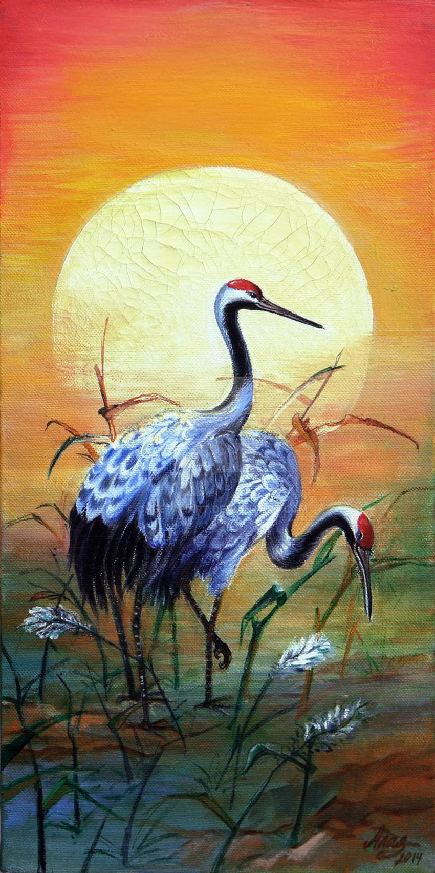 Gru giapponesi, Gru giapponese Pittura di uccelli, autore: Alaya Tsanova. Sfondo del telefono HD