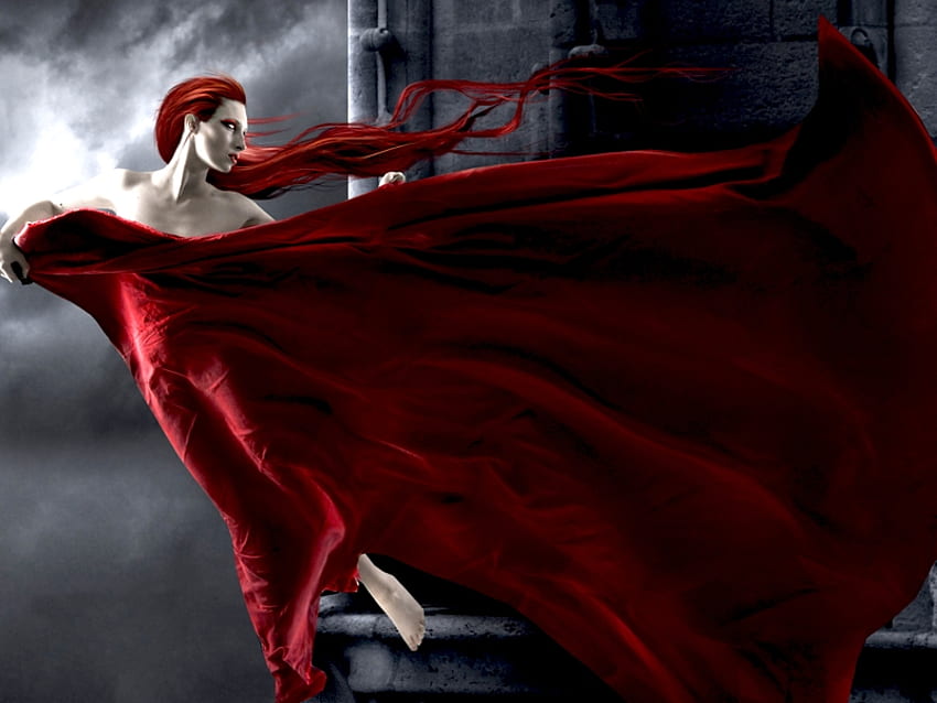 Czerwony wiatr, czarny, powietrze, sukienka, włosy, piękna, kobieta, ciemność Tapeta HD