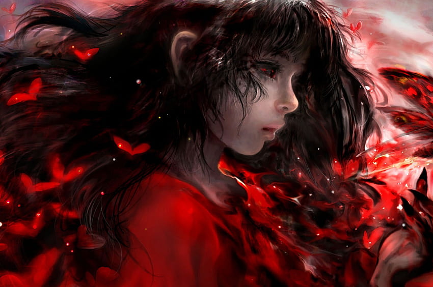 Garota demoníaca, olhos vermelhos, borboletas vermelhas, cabelo preto, visualização de perfil para Chromebook Pixel papel de parede HD