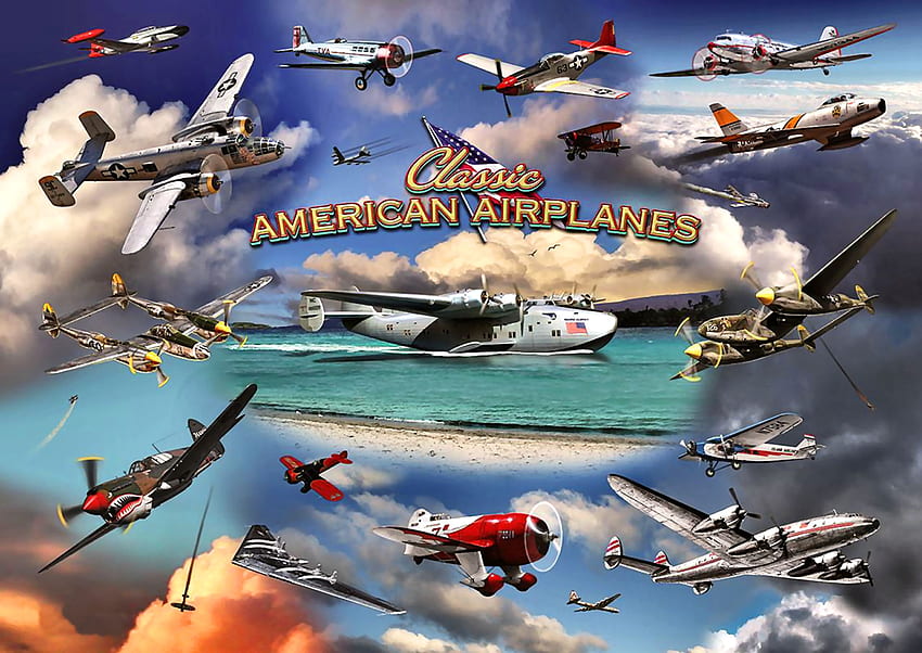 Колаж от класически американски самолети, графика, изкуство, полет, красиво, произведение на изкуството, авиация, пейзаж, широк екран, живопис HD тапет