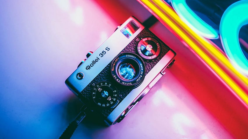 aparat fotograficzny, neon, retro, światło Tapeta HD