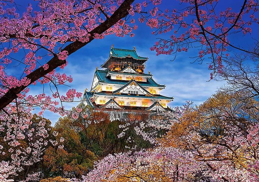La armonía de la primavera, cereza, templo, flores, japón, jardín fondo de pantalla