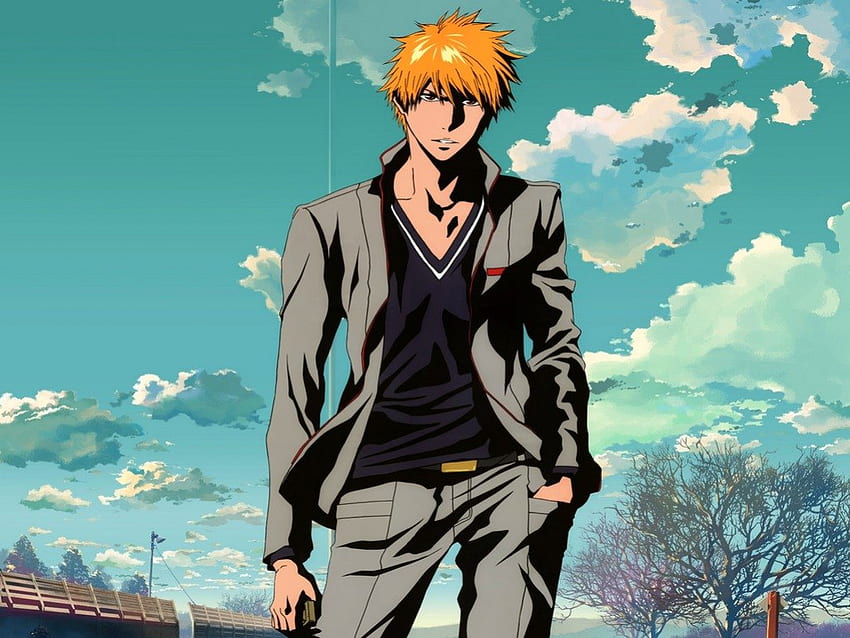 Kurosaki Ichigo, kurzes Haar, Bleichmittel, orangefarbenes Haar, blauer Himmel, Anime, cool, Junge, Schuluniform, braune Augen HD-Hintergrundbild