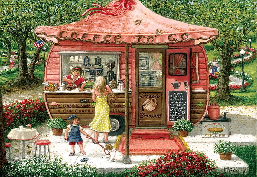 The Coffee Shoppe, persone, opere d'arte, tavolo, sedie, roulotte, pittura, bambino Sfondo HD