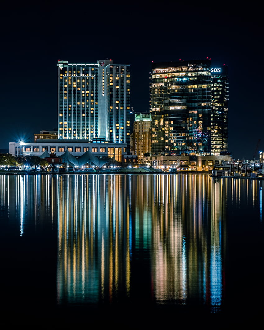 Cities, Building, Reflection, Night City, Harbor, Baltimore HD phone wallpaper