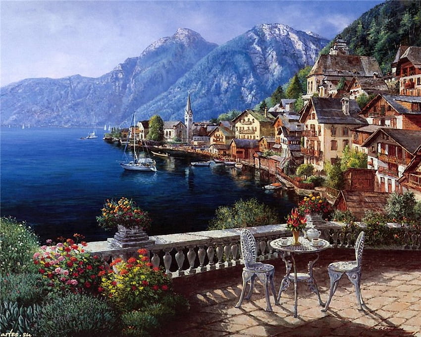 Amazing scene, chair, sea, table, shadow, art, balcony, buildings, mountainswater, painting, flowers, boat houses, ocean HD wallpaper