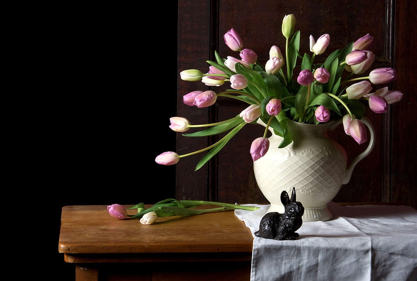 Flowers, Tulips, Bouquet, Table, Vase, Napkin, Rabbit HD wallpaper