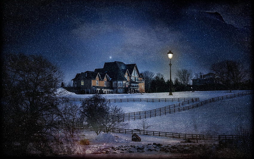 Lone House in Winter Landscape, invierno, paisajes, arquitectura, nieve, campos, casas. fondo de pantalla