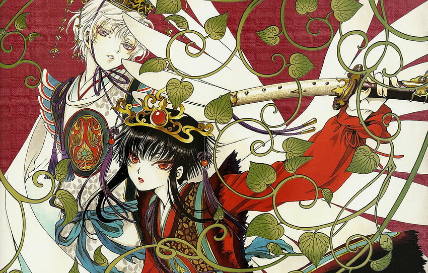 leaves, katana, crown, red eyes, Hana, arm, white wings, Tkugawa Lemits Of, Gate 7, the guy with the girl, Chinese clothing, by CLAMP for , section сёнэн HD wallpaper