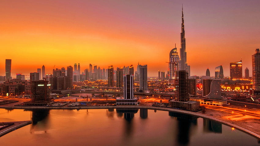 Dubai skyline in sunset time, United Arab Emirates HD wallpaper
