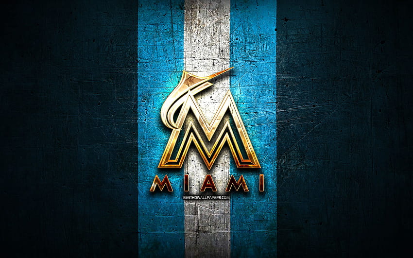Miami Marlins, golden logo, MLB, blue metal HD wallpaper