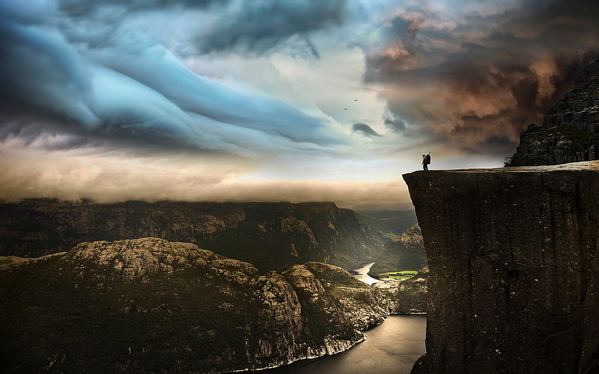Pulpit Rock, falaise de Preikestolen, Norvège, ciel nuageux, monde, Norvège Fond d'écran HD