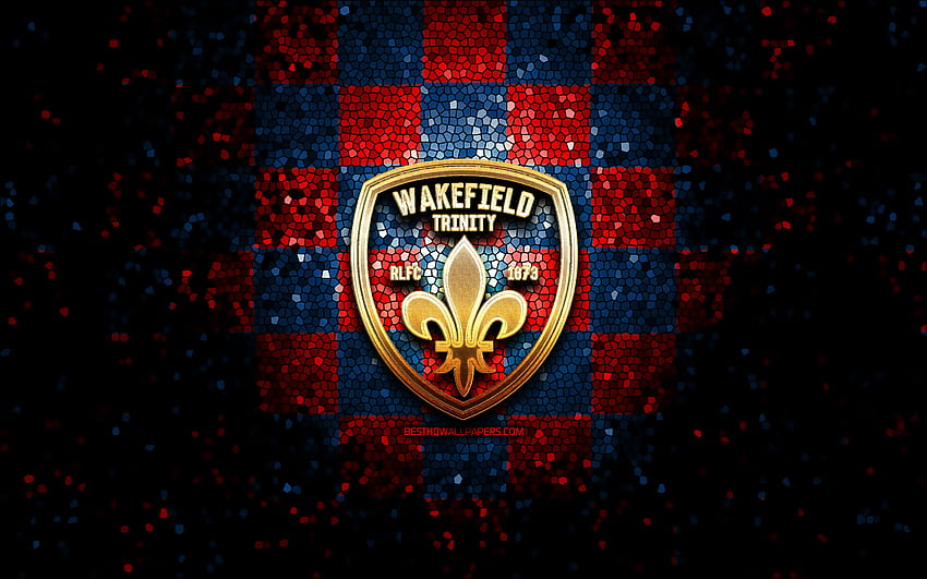 Wakefield Trinity, logo glitter, SLE, fundo xadrez azul vermelho, rúgbi, clube inglês de rugby, logotipo Wakefield Trinity, arte em mosaico papel de parede HD