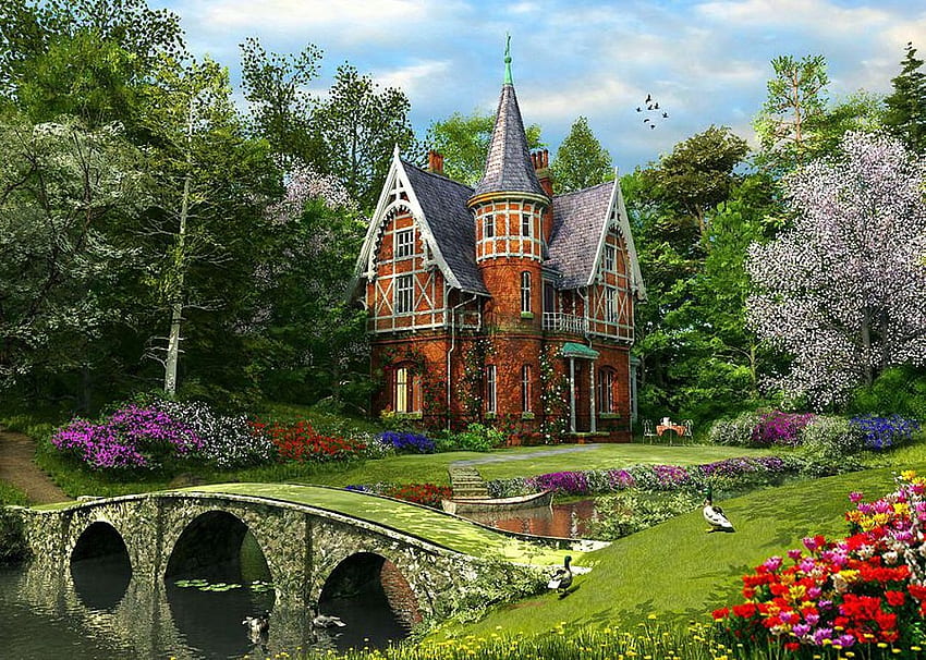 Cobbled Bridge Cottage, artwork, river, ducks, painting, house, trees, flowers, spring HD wallpaper
