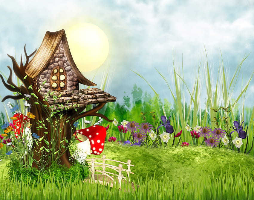 ✰Cute Mushroom House✰, colorful, grasses, plants, sunlight, premade, cute, colors, trees, sun, sunshine, stock , sweet, little house, resources, beautiful, grass, mushrooms, backgrounds, ivy, leaves, pretty, love, cool, bridge, clouds, nature, sky, flowers, lovely, splendor HD wallpaper