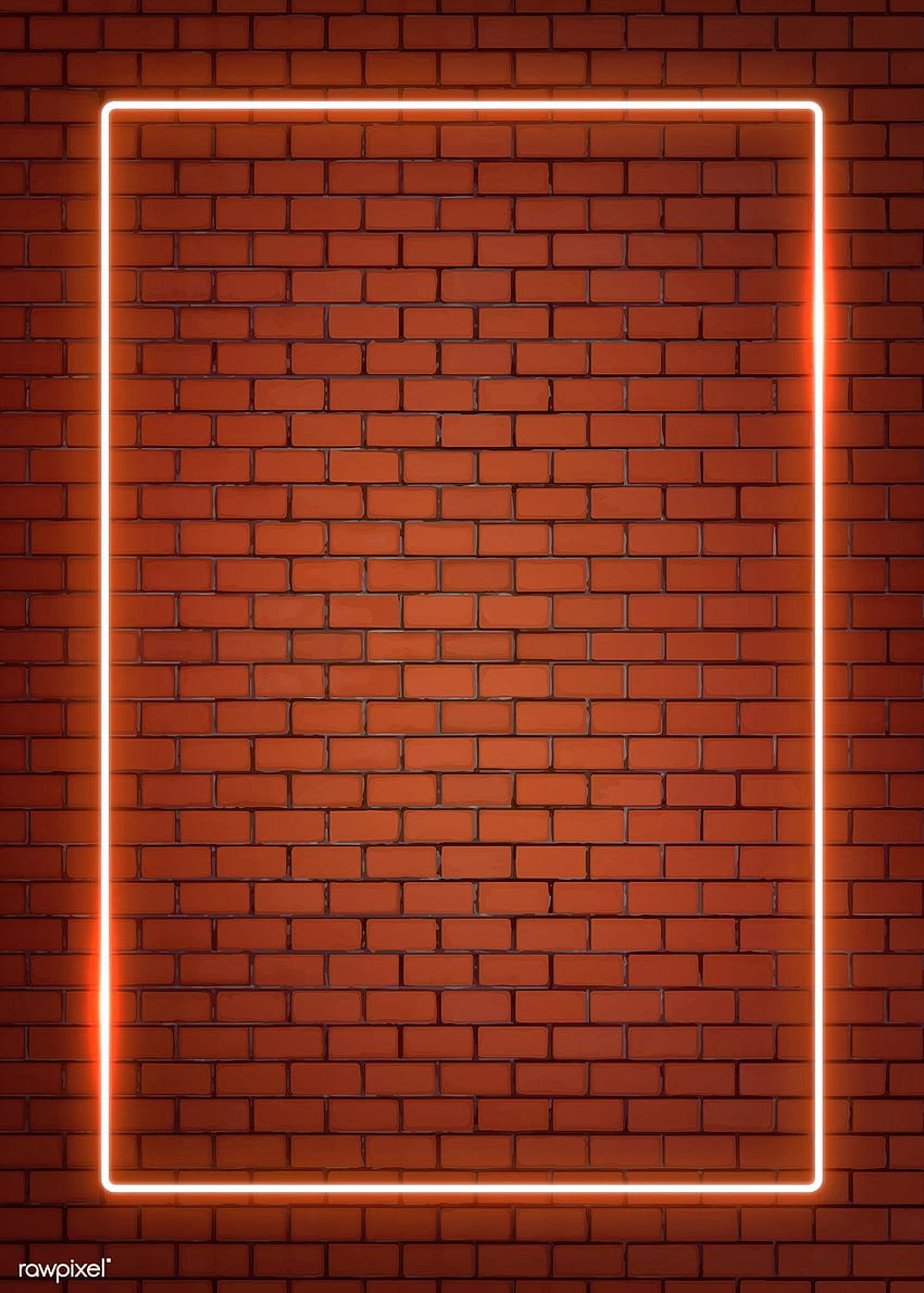 Rechteckiger orangefarbener Neonrahmen auf einem orangefarbenen Backsteinmauervektor. Premium / im Jahr 2020. Orangefarbener Backstein, schwarzer Hintergrund, dunkler Hintergrund HD-Handy-Hintergrundbild