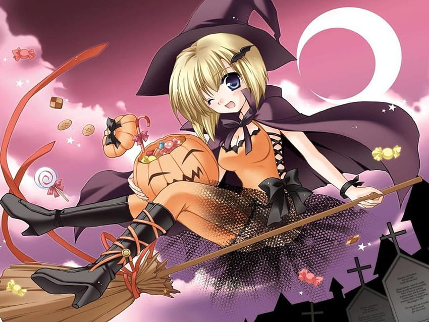 penyihir kartun, halloween, kartun, anime, bulan, warna, labu, penyihir Wallpaper HD