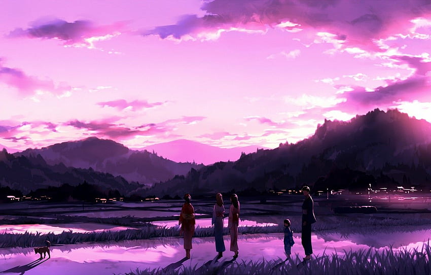 zachód słońca, ludzie, pies, kimono, japońskie ubrania dla, sekcja прочее, Pink Japanese Aesthetic Tapeta HD