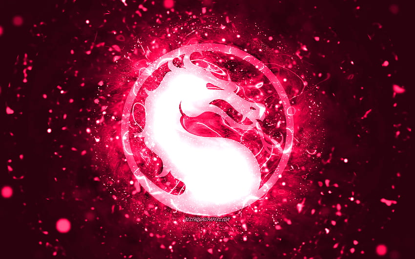 Mortal Kombat rosa Logo, rosa Neonlichter, kreativer, rosa abstrakter Hintergrund, Mortal Kombat-Logo, Online-Spiele, Mortal Kombat HD-Hintergrundbild
