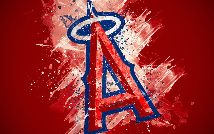 Los Angeles Angels,, seni grunge, logo, klub bisbol Amerika, MLB, latar belakang merah, lambang, Anaheim, California, AS, Major League Baseball, Liga Amerika, seni kreatif untuk resolusi . Tinggi, Malaikat Los Angeles dari Anaheim Wallpaper HD