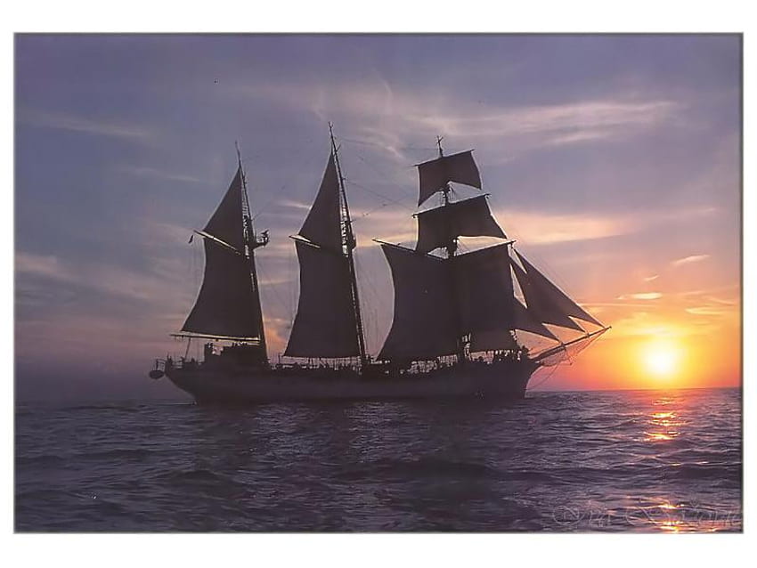 navigando verso il tramonto, barca a vela, acqua, oceano, tramonto Sfondo HD