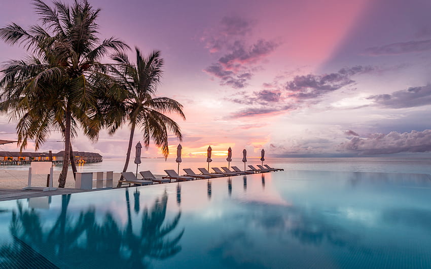 Maldives, soirée, coucher de soleil, piscine, océan, paradis, piscine en bord de mer, coucher de soleil des Maldives Fond d'écran HD