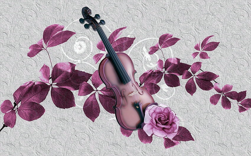 Artistic, Leaf, Purple, Rose, Violin & Background HD wallpaper