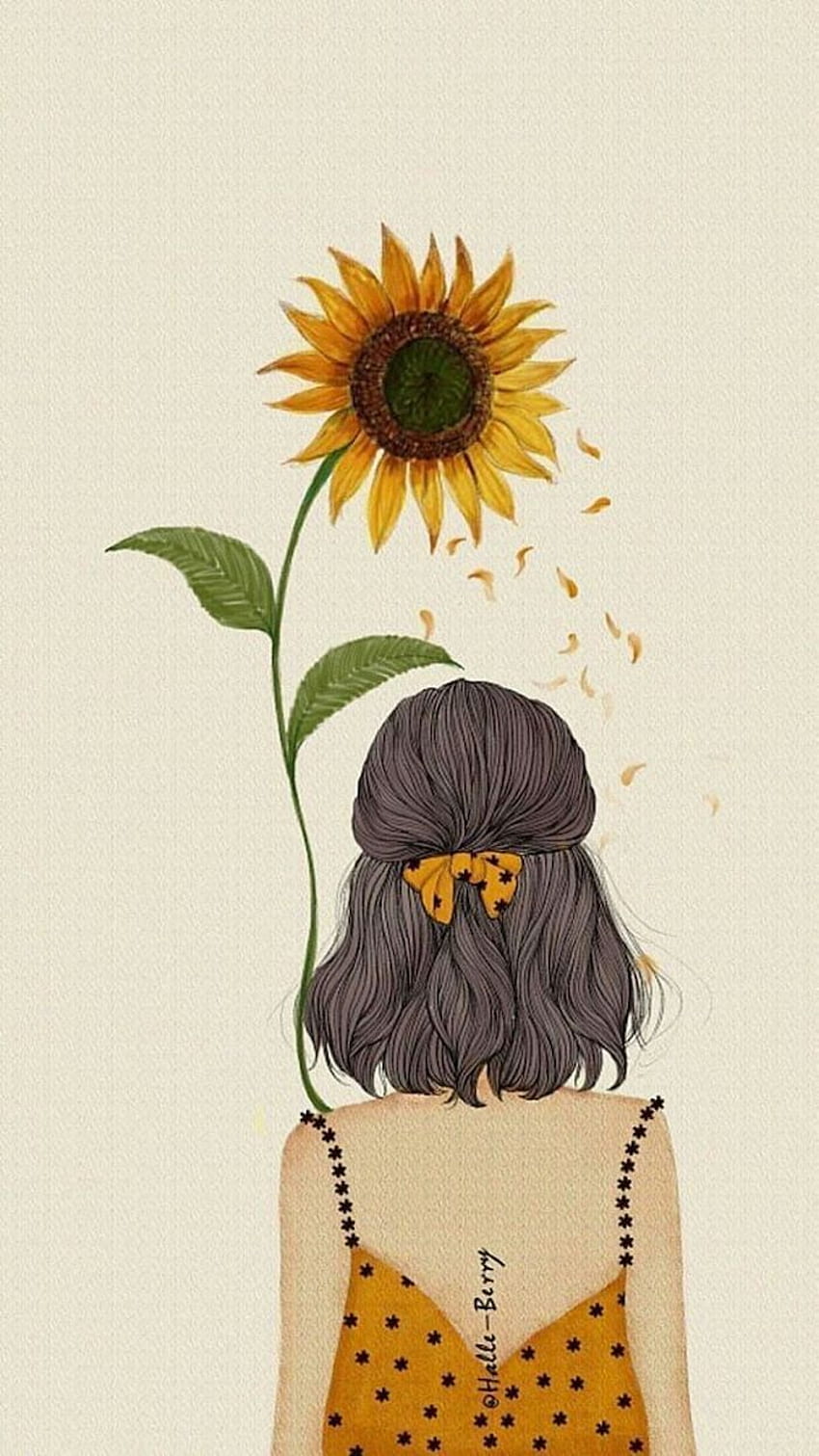 Girl With Black Hair Yellowe Dress Holding A Sunflower Flower Doodles White  Background. Drawing , Flower Drawing, Art, Cute Cartoon Sunflower HD phone  wallpaper | Pxfuel