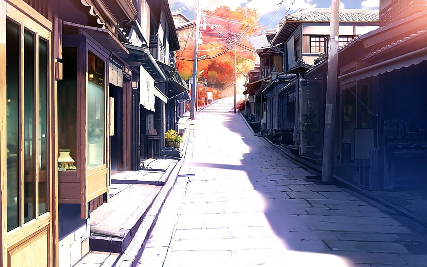 anime, fall, architecture, city, road, landscape, drawing HD wallpaper