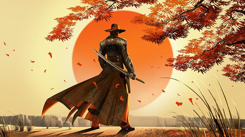 Видеоигри самурайски западни червени стоманени мечове каубойски шапки, гейша самурай HD тапет