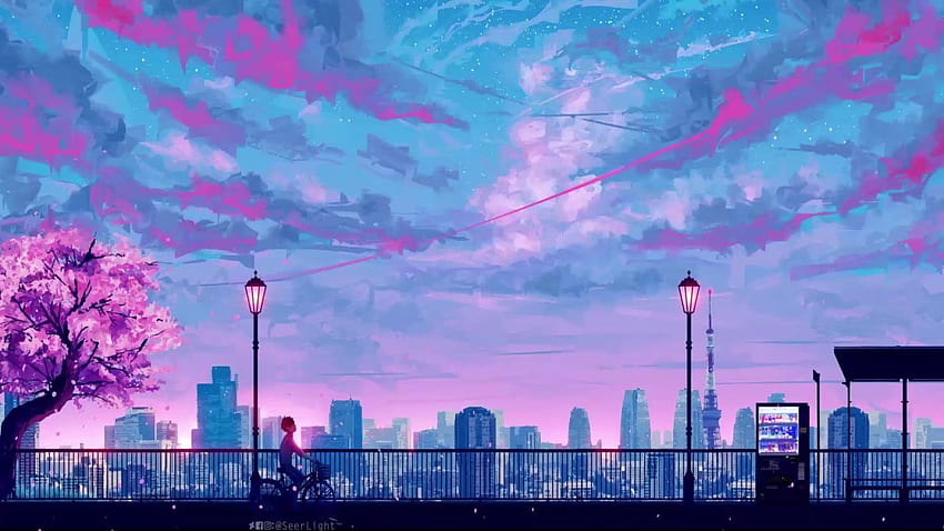 Ciudad azul y rosa del cielo en vivo, anime azul fondo de pantalla