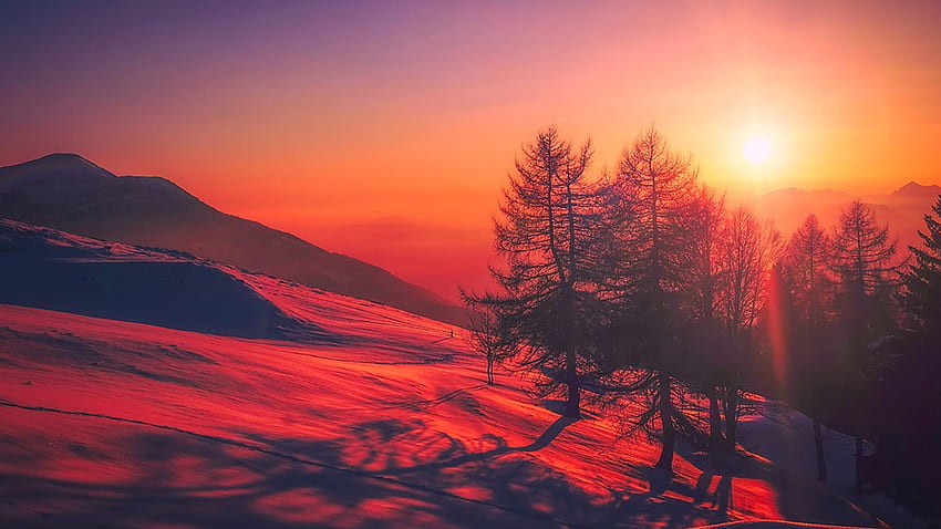 Sunrise Shadows, winter, hills, sows, Firefox Persona theme, sunrise, twilight, dawn, snow, trees, mountains, sunset HD wallpaper
