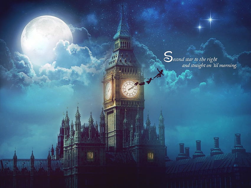 Bintang kedua dari kanan. Siluet cakrawala London, adegan film Disney, Peter pan, Peter Pan Flying Wallpaper HD