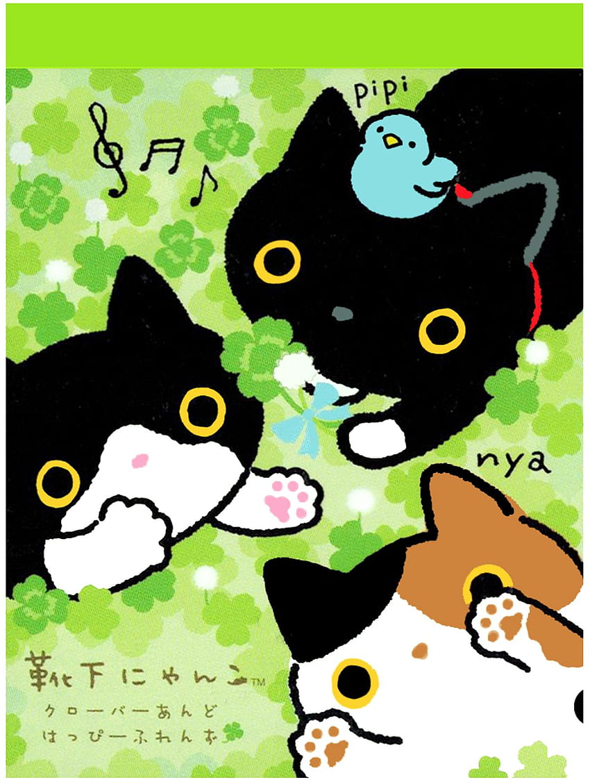 San X Kutusita Nyanko Green Music Mini-Notizblock: Kleeblatt. Auf Wiedersehen Kitty, süß, Katzenkunst HD-Handy-Hintergrundbild