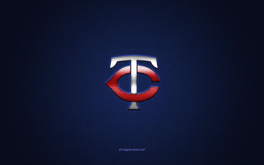 Godło Minnesota Twins, amerykański klub baseballowy, czerwone logo, niebieskie tło z włókna węglowego, MLB, Minnesota Twins Insignia, baseball, Minnesota, USA, Minnesota Twins Tapeta HD
