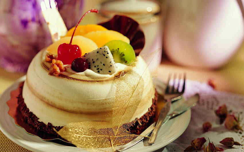 Kue buah untukmu, manis, menyenangkan, ceri, kiwi, enak, buah, kue Wallpaper HD