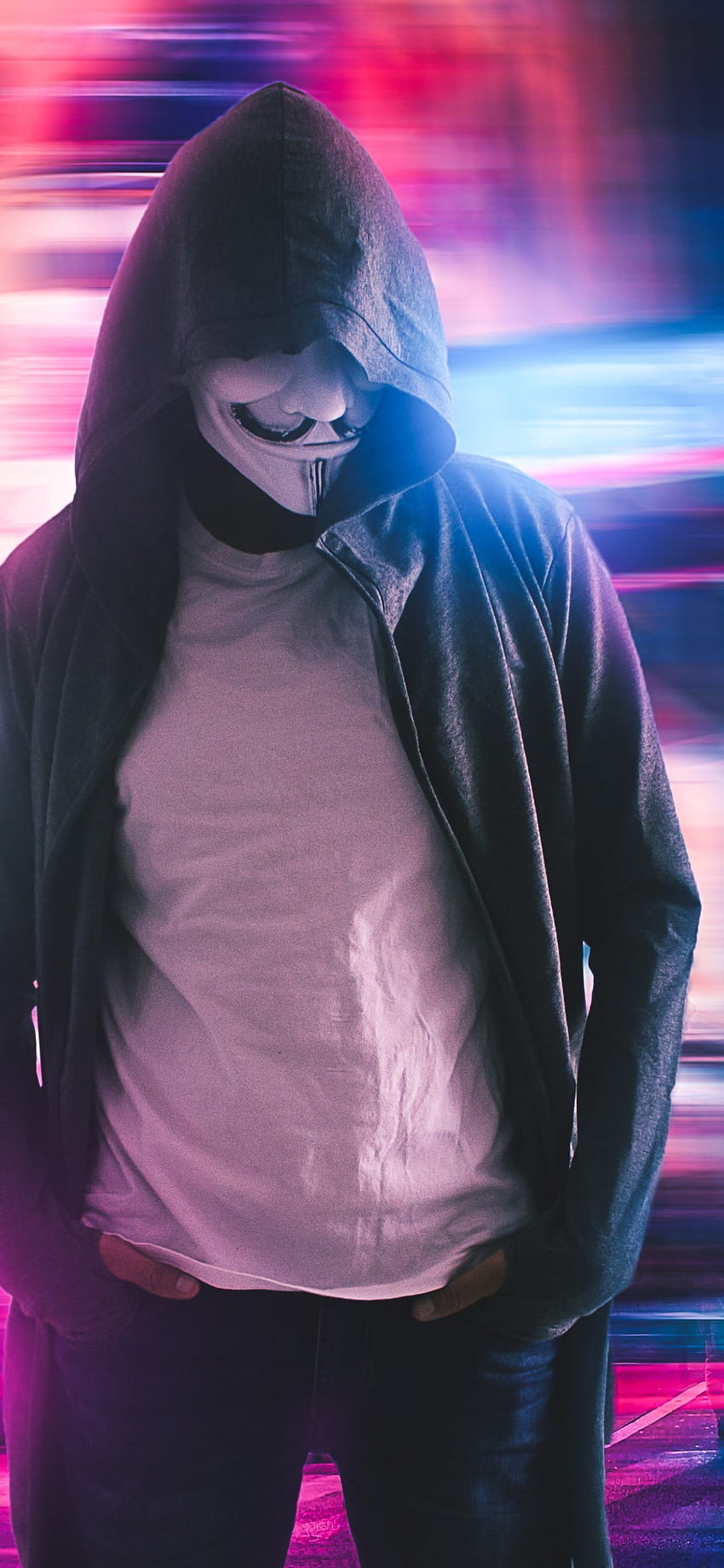 Zamaskowany mężczyzna, anonimowy, bluza z kapturem, haker, neonowe miasto na iPhone 11 Pro Max i XS Max, neonowy haker Tapeta na telefon HD