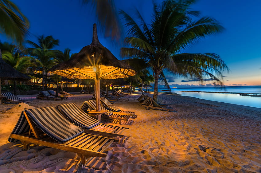 playa tropical, tumbonas, palmeras, tarde, playa, isla, tumbonas fondo de pantalla