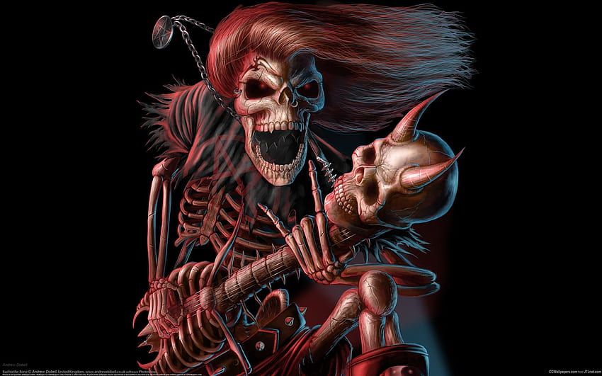 dunkel, Musik, Reaper, Skelett, Schädel, Gitarren, Böses, Gruseliges, Gruseliges, Halloween, Hörner, Fantasie, Knochen, Schrei, Lächeln, Grimasse / und mobiler Hintergrund, Skelettliebe HD-Hintergrundbild