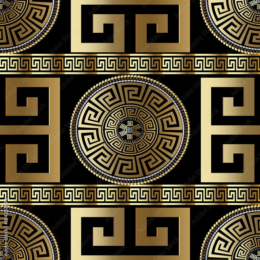 モダンな幾何学的なギリシャのシームレスなパターン。 ゴールドの蛇行のベクトルの背景。 ギリシャのキーの飾りと 3 D。 華やかなファブリック デザイン。 円、ストライプ、ボーダー、正方形ストック ベクトル、3 D の幾何学的な円で抽象的な表面テクスチャ HD電話の壁紙