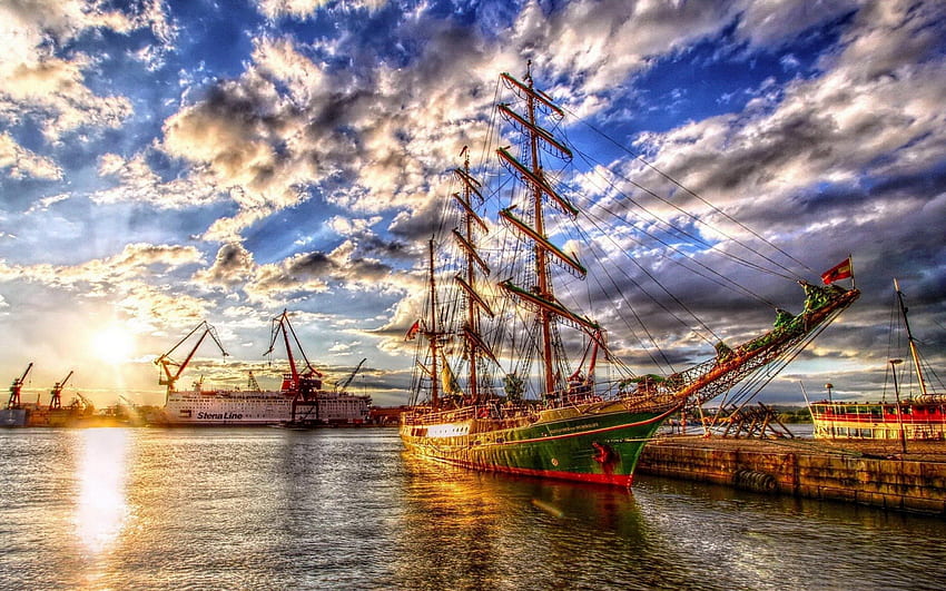 glorious sail ship r, clouds, r, sail ship, dock HD wallpaper