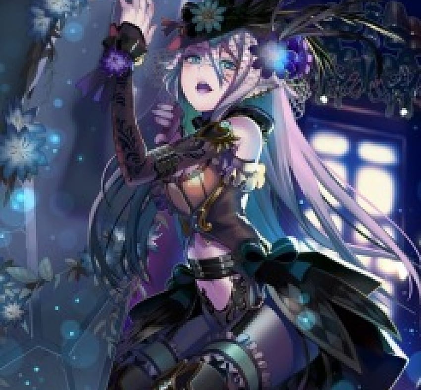 Dark Maiden, blue, black, purple hair, feathers, long hair, dress, beauty, lady, maiden, hat, female, sweet, art, girl, beautiful, dark, woman, purple, anime girl, anime, pretty HD wallpaper